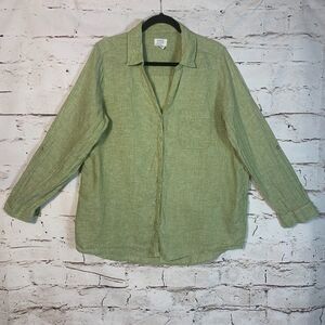 Sigrid Olsen Green Linen Button Up Shirt L Roll Tab Sleeve Coastal Classic Core